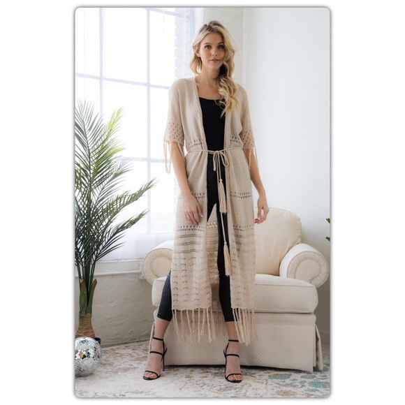 Long Fringe Duster Kimono in Natural - Picture 4 of 7